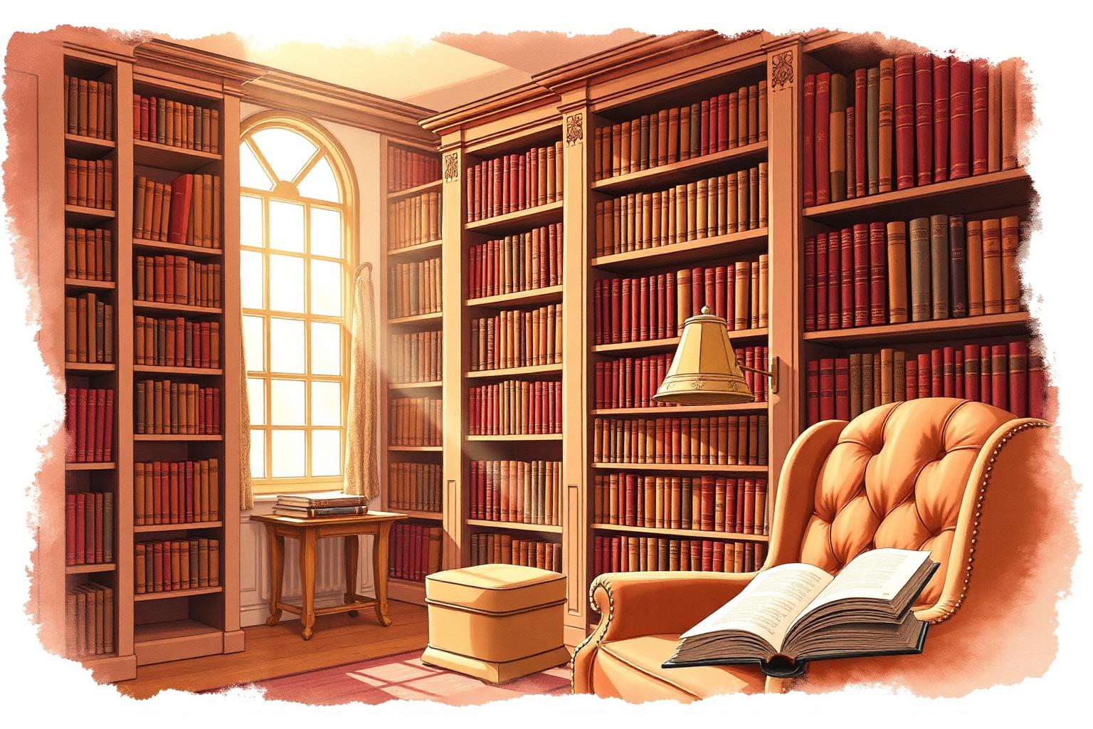 A cozy library with leather-bound books and a reading armchair